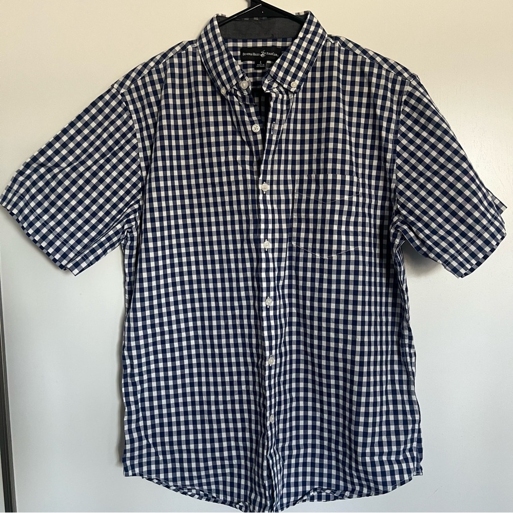 Beverly Hills Polo Club Shirt Size Large Button Down Cotton Checkered Blue White